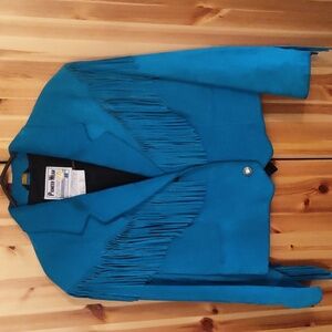 Ladies Pioneer Blue Suede Fringe Jacket